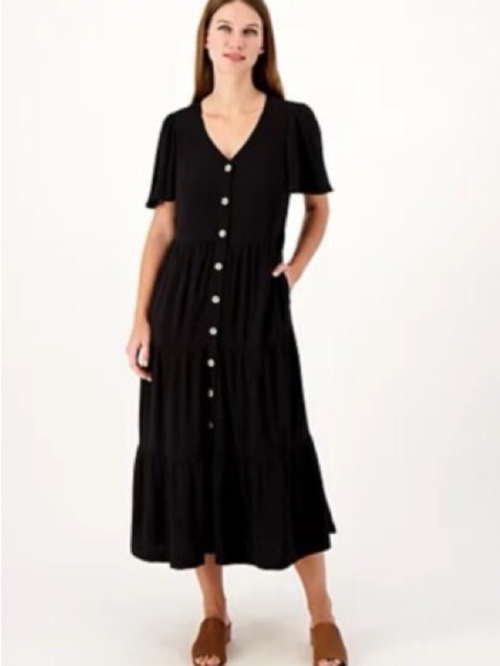 Susan Graver Linen Blend Tiered Button-Front Midi Dress Black